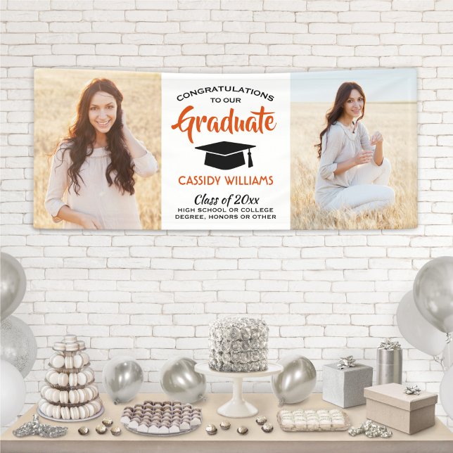 Congrats 2 Photo Orange Black and White Graduation Banner (Creator Uploaded)