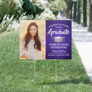 Congrats 2 Photo Purple White & Silver Graduation Garden Sign