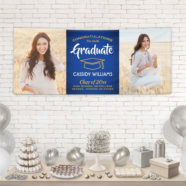 Congrats 2 Photo Royal Blue Gold Yellow Graduation Banner (Creator Uploaded)