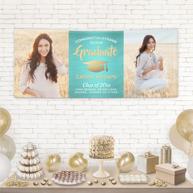 Congrats 2 Photo Teal Blue Gold Brushed Graduation Banner (Creator Uploaded)