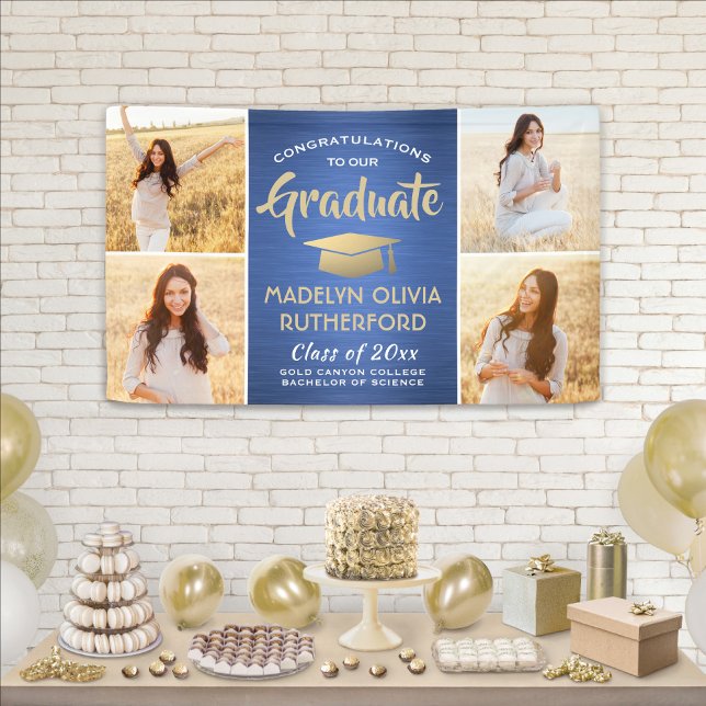 Congrats 4 Photo Blue Gold and White Graduation Banner (Creator Uploaded)