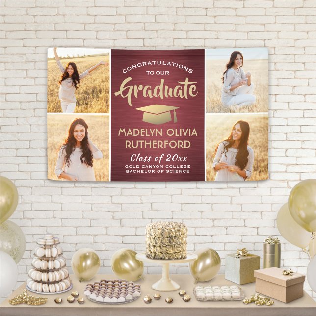 Congrats 4 Photo Burgundy Gold & White Graduation Banner (Creator Uploaded)