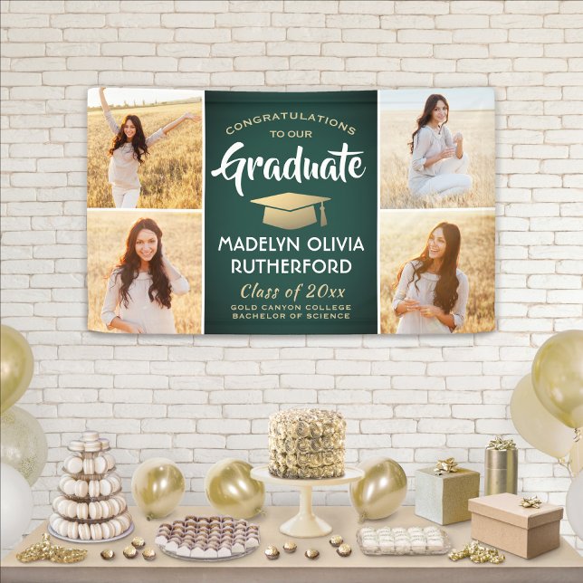Congrats 4 Photo Green Gold and White Graduation Banner (Creator Uploaded)