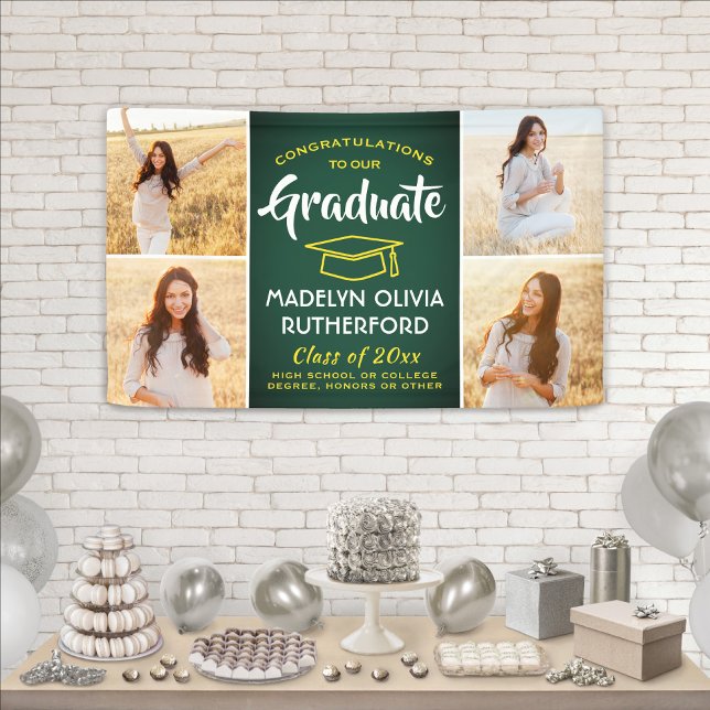 Congrats 4 Photo Green Gold Yellow Graduation Banner (Creator Uploaded)