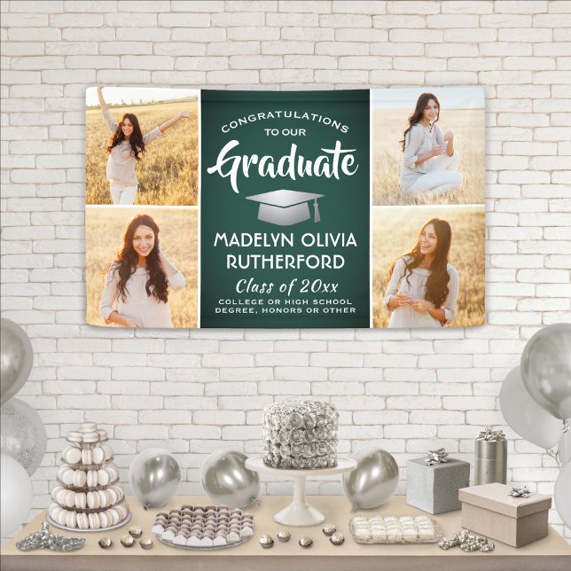 Congrats 4 Photo Green White & Silver Graduation Banner (Creator Uploaded)