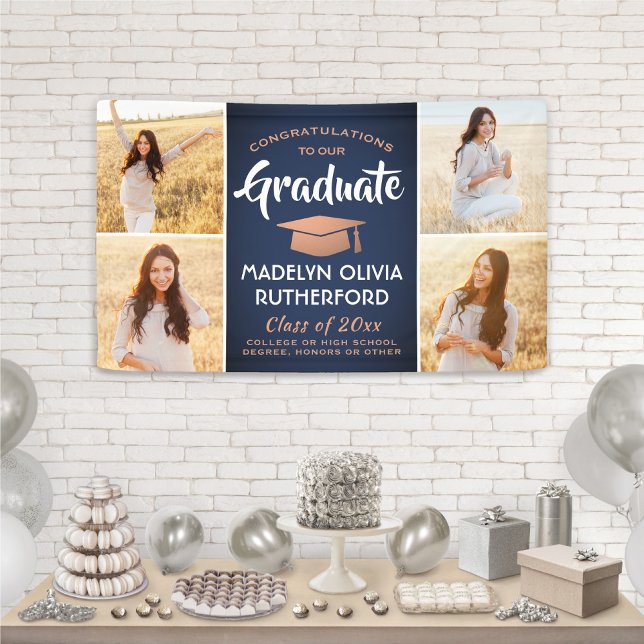 Congrats 4 Photo Navy Blue Copper White Graduation Banner (Creator Uploaded)