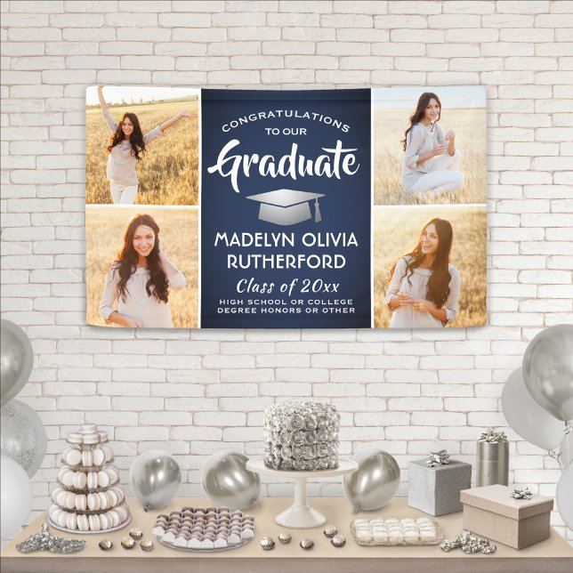 Congrats 4 Photo Navy Blue White Silver Graduation Banner (Creator Uploaded)
