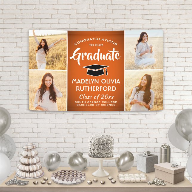 Congrats 4 Photo Orange Black and White Graduation Banner (Creator Uploaded)