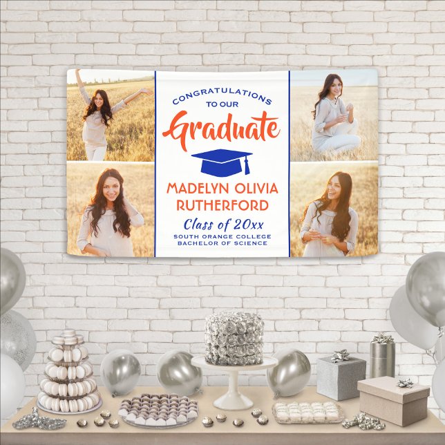 Congrats 4 Photo Orange Blue and White Graduation Banner (Creator Uploaded)