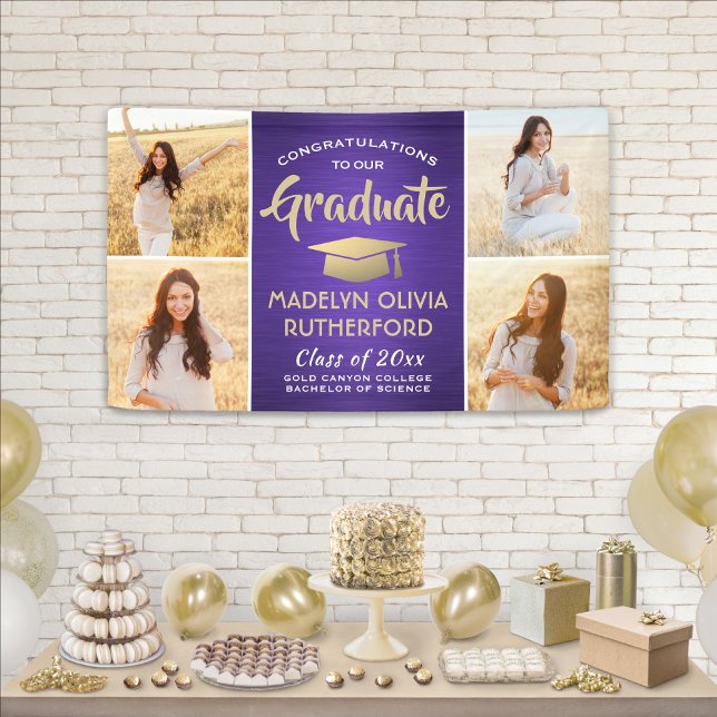 Congrats 4 Photo Purple Gold and White Graduation Banner (Creator Uploaded)