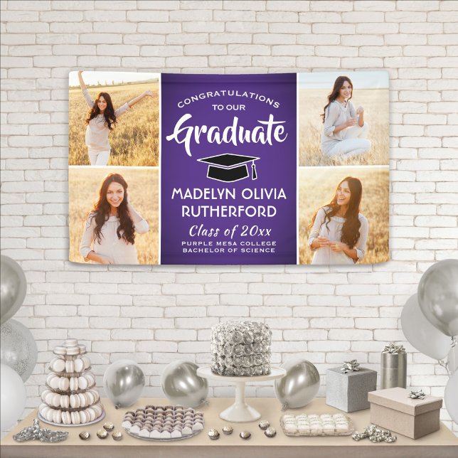 Congrats 4 Photo Purple White & Black Graduation Banner (Creator Uploaded)
