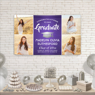 Congrats 4 Photo Purple White & Silver Graduation Banner