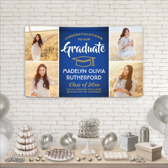 Congrats 4 Photo Royal Blue Gold Yellow Graduation Banner (Creator Uploaded)