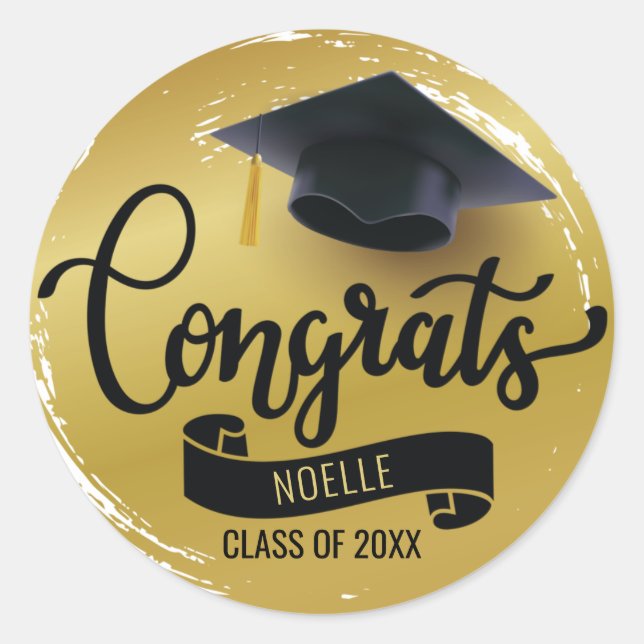 Congrats, Black Graduation Cap, Name, Gold Classic Round Sticker (Front)