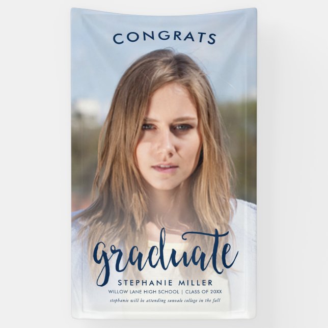 Congrats Blue Script Photo Graduation Banner (Vertical)