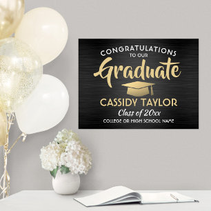Congrats Brushed Black Gold and White Graduation Poster