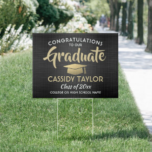 Congrats Brushed Black Gold White Graduation Yard Garden Sign