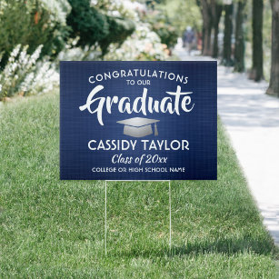 Congrats Brushed Navy Blue White Silver Graduation Garden Sign