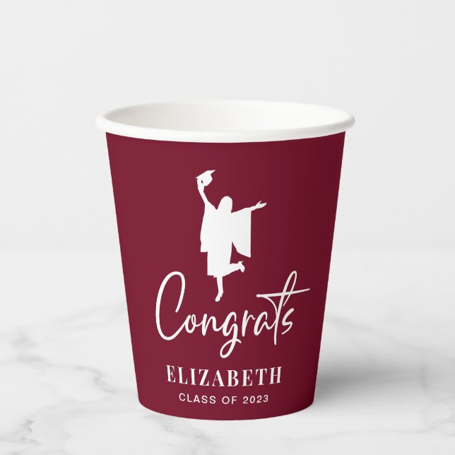 Congrats Burgundy Graduation Party Paper Cups (Front)