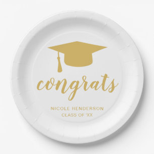 Congrats Elegant Gold and White Graduation Cap Paper Plate