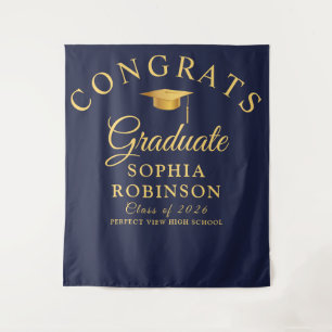 Congrats Gold Navy Blue 2026 Graduation Party Tapestry
