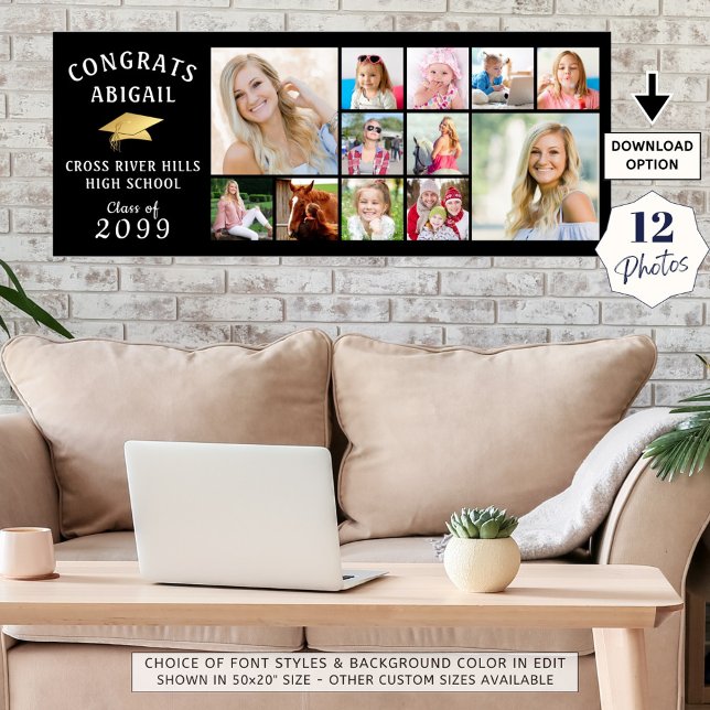 CONGRATS GRAD 12 Photo Collage Gold Cap Banner Poster (Creator Uploaded)