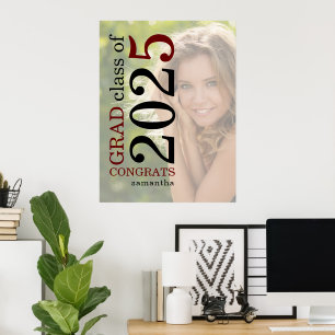 Congrats Grad 2023 Photo Overlay Burgundy Black Poster