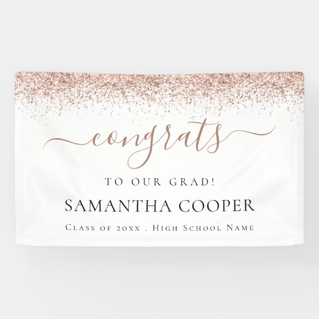 Congrats Grad 2024 Rose Gold Glitter Graduation Banner (Horizontal)