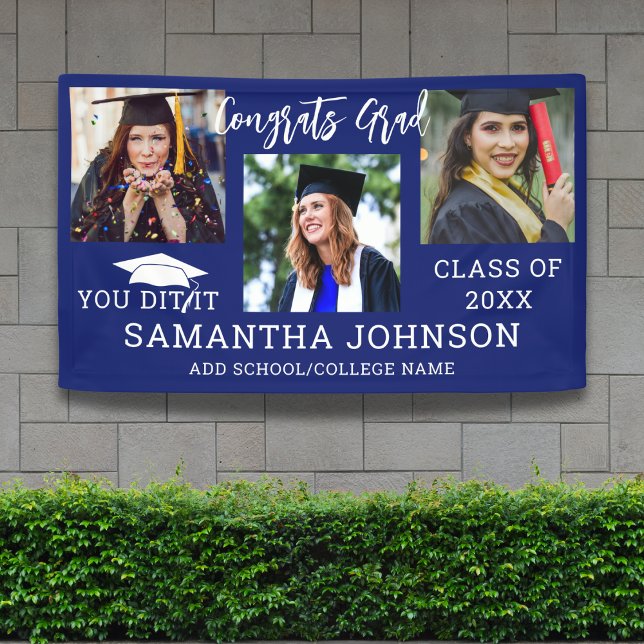 Congrats Grad 2025 Graduation Cap 3 Photo Blue   Banner (Congrats Grad 2025 Graduation Cap 3 Photo Blue Banner
)