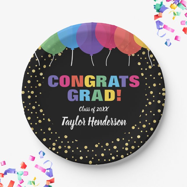 Congrats Grad Balloons Gold Confetti Graduation Paper Plate (Creator Uploaded)