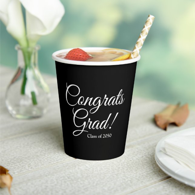 Congrats grad black elegant script class year paper cups (Insitu)