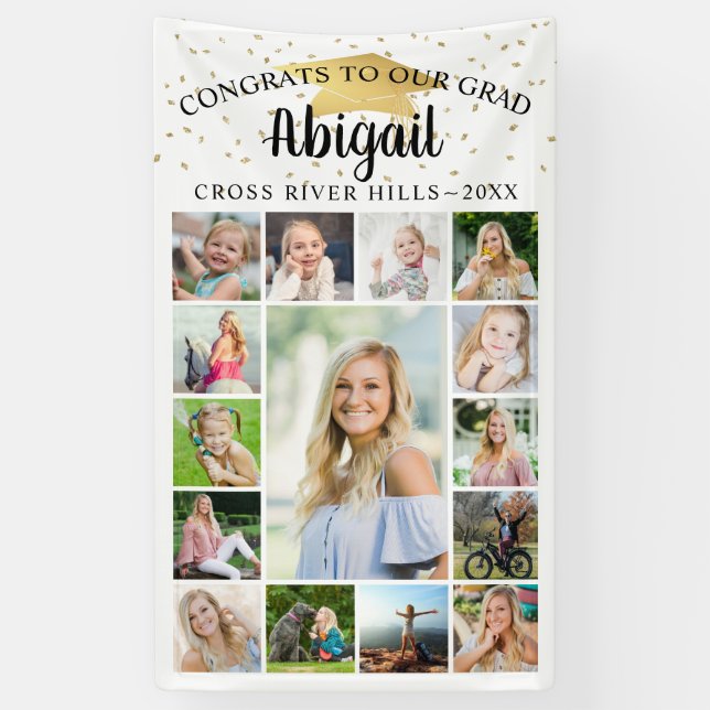 Congrats Grad Black Gold 15 Photo Collage Script Banner (Vertical)