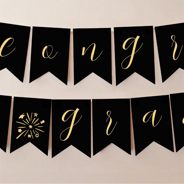 Congrats Grad Black Gold Graduation Caps  Bunting (Creator Uploaded)