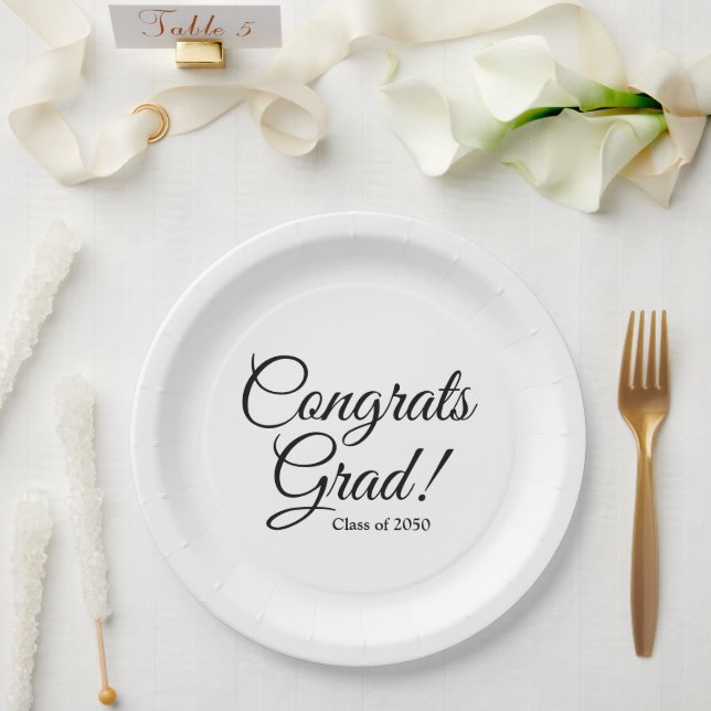 Congrats grad black white custom script class year paper plate (Wedding)
