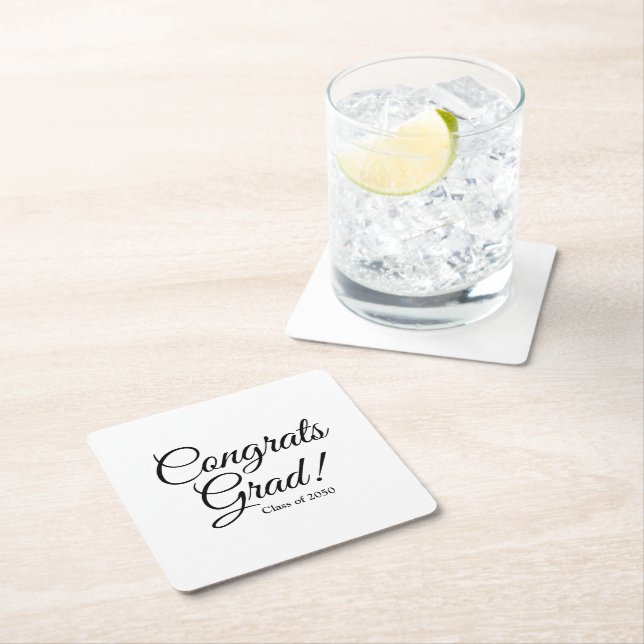 Congrats grad black white custom script class year square paper coaster (Insitu)
