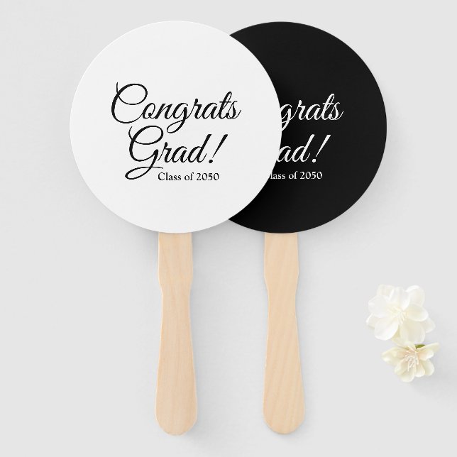 Congrats Grad black white script class year Hand Fan (Front and Back)