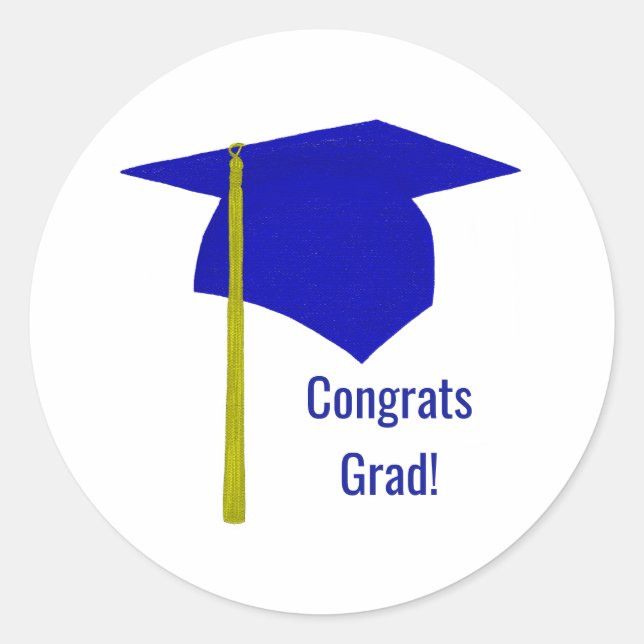 Congrats Grad Blue Cap Yellow Tassel Graduation Classic Round Sticker (Front)