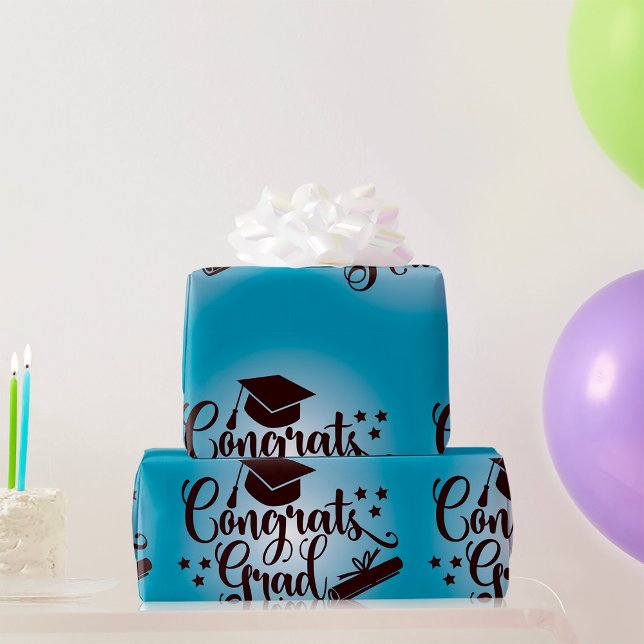 Congrats Grad Blue Graduation Celebration Wrapping Paper (Creator Uploaded)