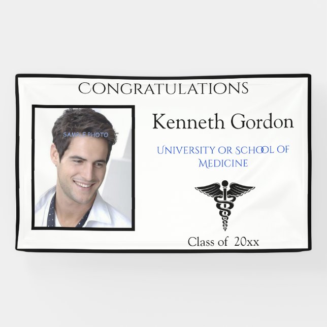 Congrats Grad Caduceus Black White Banner (Horizontal)