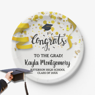 Congrats Grad Cap Gold Confetti Streamers Custom Paper Plate