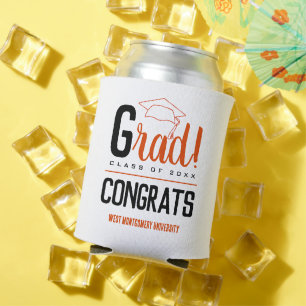 Congrats Grad Cap Orange and Black Can Cooler
