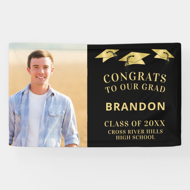 CONGRATS GRAD Cap Toss Photo Black Gold Banner (Horizontal)