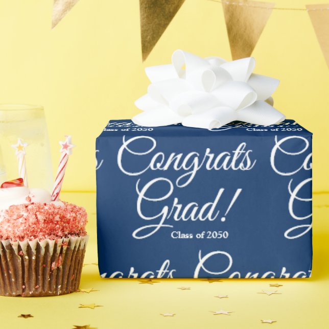Congrats grad custom class year script blue wrapping paper (Birthday Party)