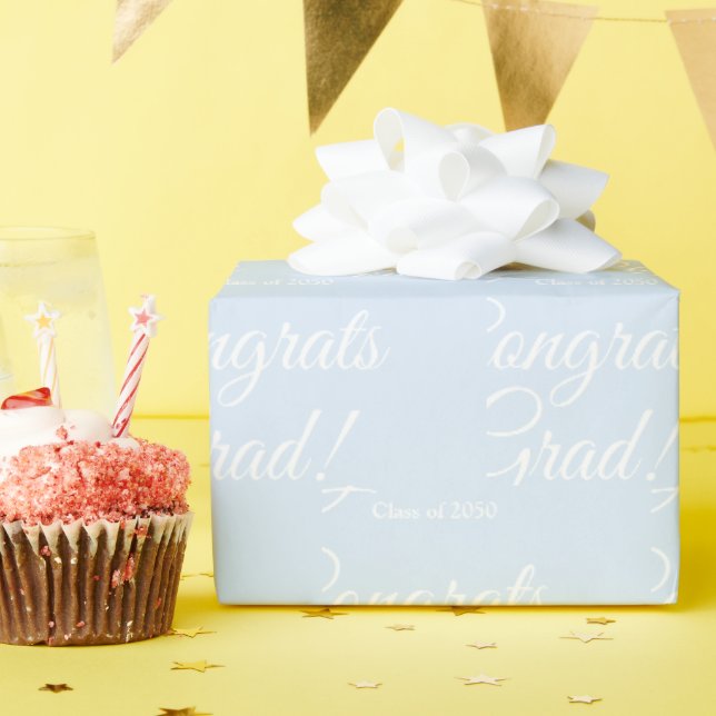 Congrats grad custom class year script pale blue wrapping paper (Birthday Party)