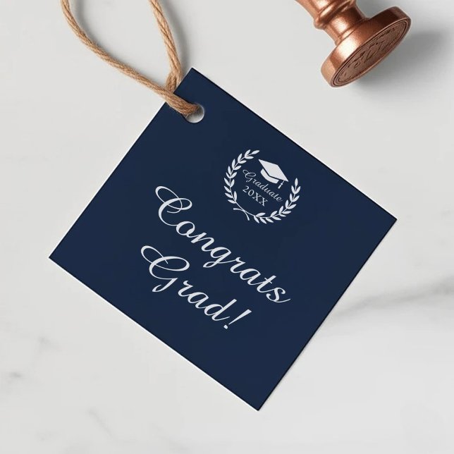 Congrats Grad Elegant Navy Blue Custom Graduation Favour Tags (Creator Uploaded)