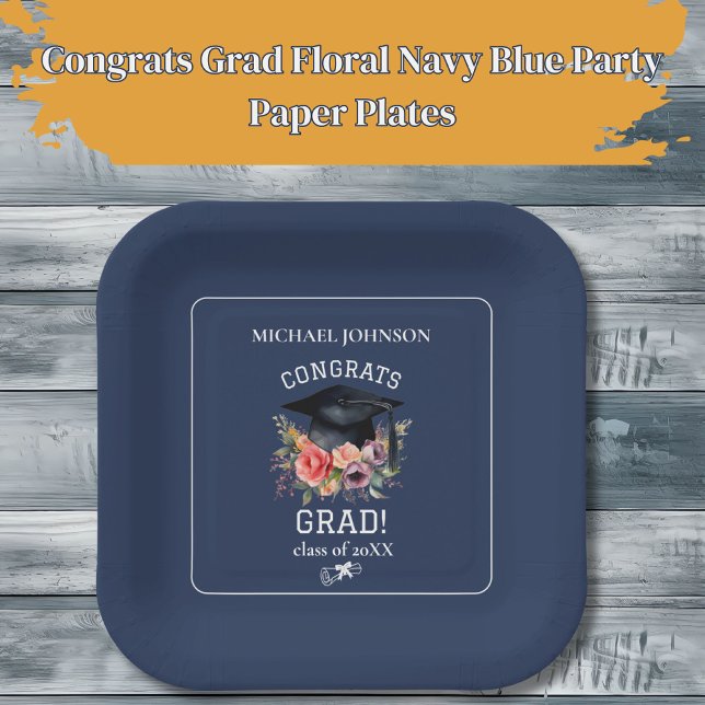 Congrats Grad Floral Navy Blue Party Paper Plate (Creator Uploaded)