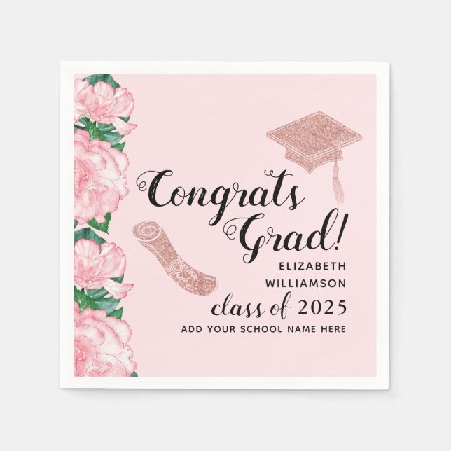 Congrats Grad Floral Pink Class 2025 Graduation Napkin (Front)