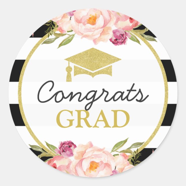 Congrats Grad | Floral Stripes Glam Graduation Classic Round Sticker (Front)