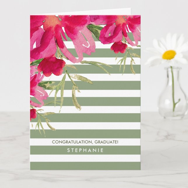 Congrats Grad. Fuchsia Floral | Stripe Pattern  Card (Creator Uploaded)