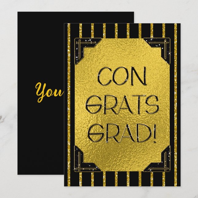 Congrats Grad! Gold and Black Faux Glitter Stripes (Front/Back)